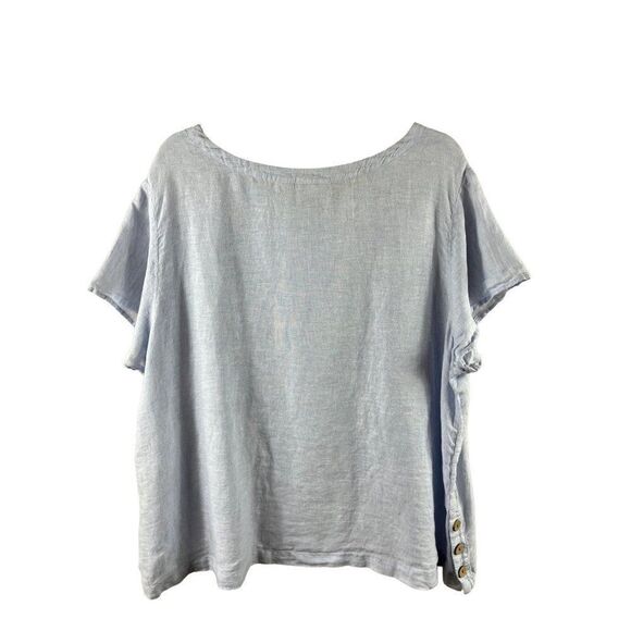 Cynthia Rowley Linen Side Wooden Buttons Short Sleeve Round Neck Blouse 2X Blue - Picture 5 of 8